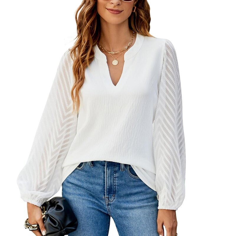 Chiffon Blouse Manufacturer - V-Neck Casual Long Sleeve Solid Color