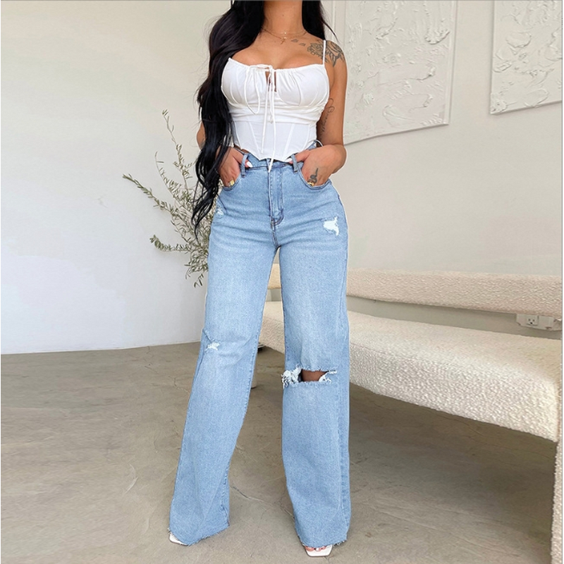 Jeans Manufacturer - High Waist Loose Straight Leg Ripped Wide Leg