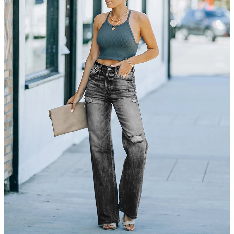 Denim Pants Manufacturer - Casual Wide Leg Mid Waist Washed Perforated