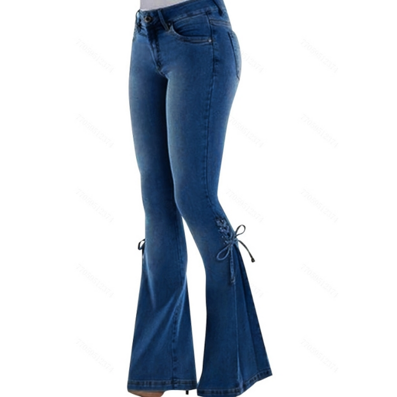 Denim Pants Manufacturer - Mid Rise Lace Up Elastic Flared