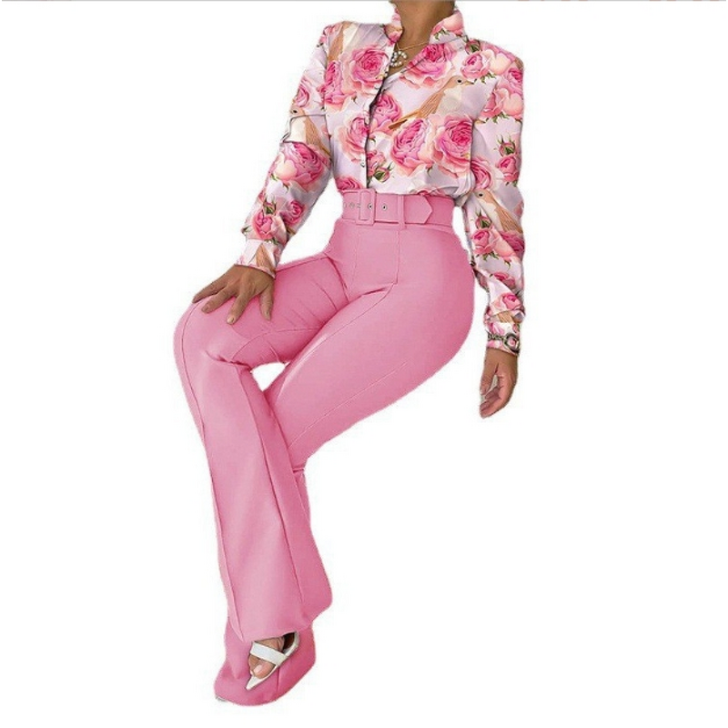 Women's Casual Suit Manufacturer - Printed Stand Collar Shirt & Wide Leg Pants