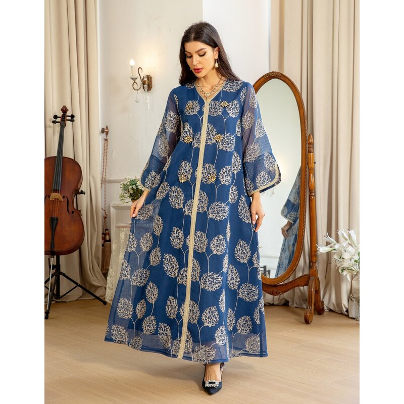 Muslim Party Dress Manufacturer - Elegant Mesh Embroidered for Autumn & Spring