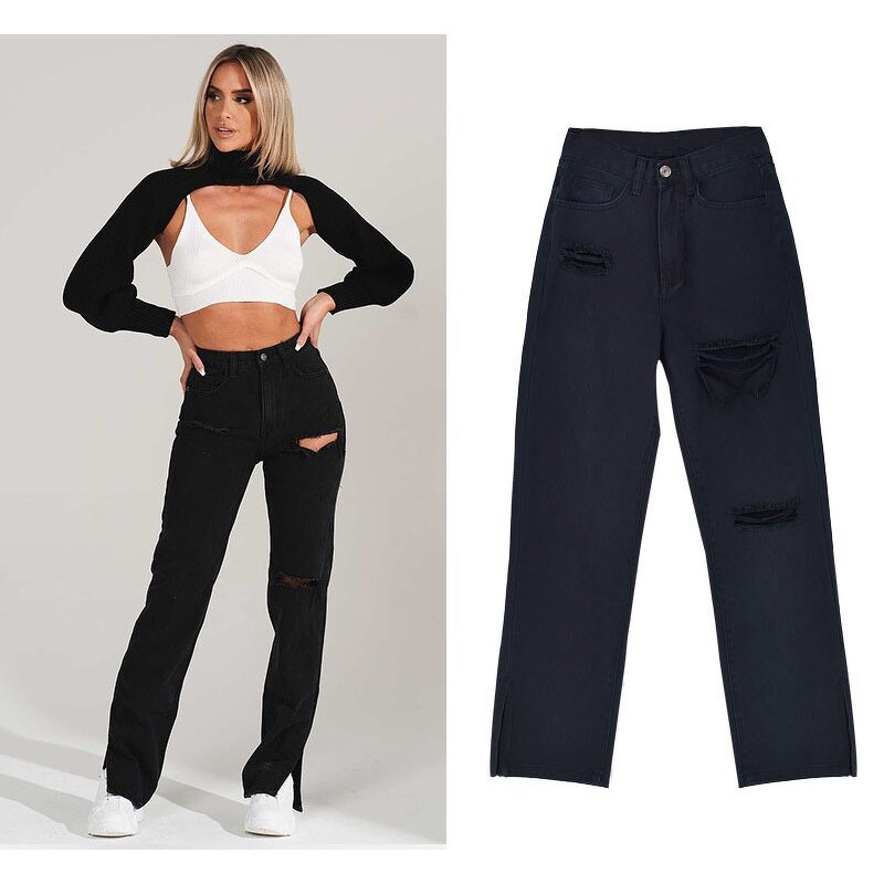 Jeans Manufacturer - High Waist Loose Straight Leg Hot Ripped