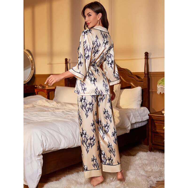 Pajamas Set Manufacturer - Floral Print Top Pant Silk for Autumn Winter