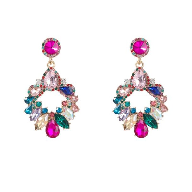 Dangle Earrings Jewelry Manufacturer - Alloy Colorful Glass Drill Rhinestone Flower