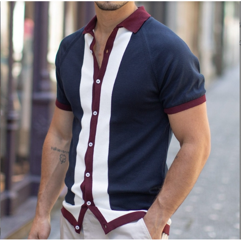 Men's Polo Shirt Manufacturer - Single Breasted Patchwork Slim Knit