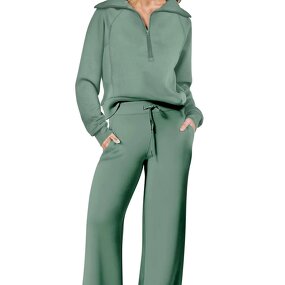 Casual Sports Suit Manufacturer - Two-Piece Zipper Long Sleeve & Wide Leg Pants