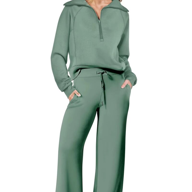 Casual Sports Suit Manufacturer - Two-Piece Zipper Long Sleeve & Wide Leg Pants
