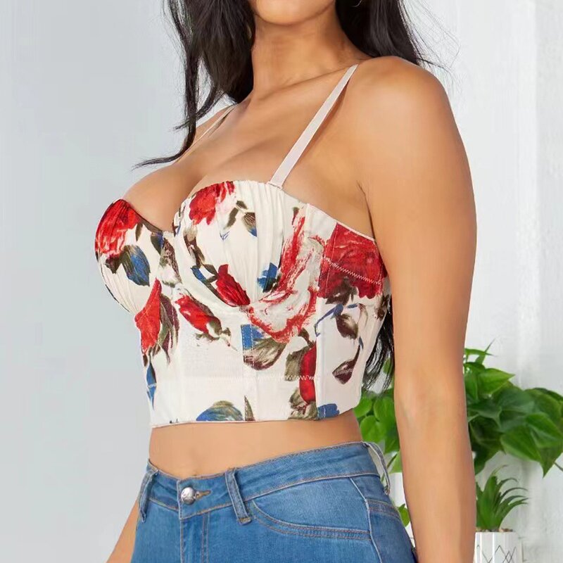 Suspender Top Manufacturer - Printed Fishbone Corset Floral Short Breast Wrap