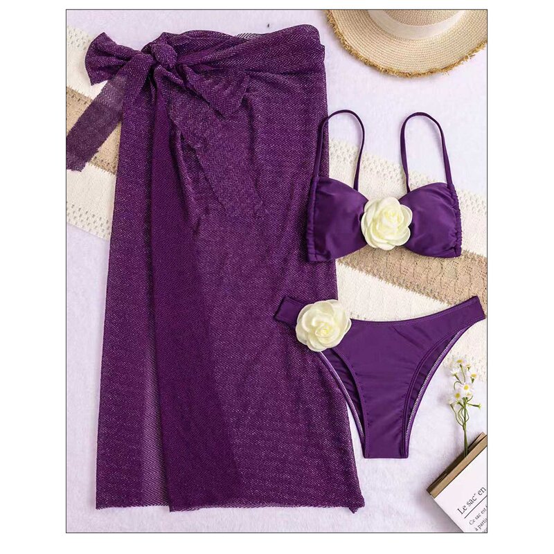 Bikini Swimwear Manufacturer - Three Piece Solid Color with Flower