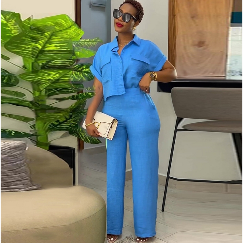 Women's Casual Suit Manufacturer - Lapel Short Sleeve Shirt & Wide Leg Pants