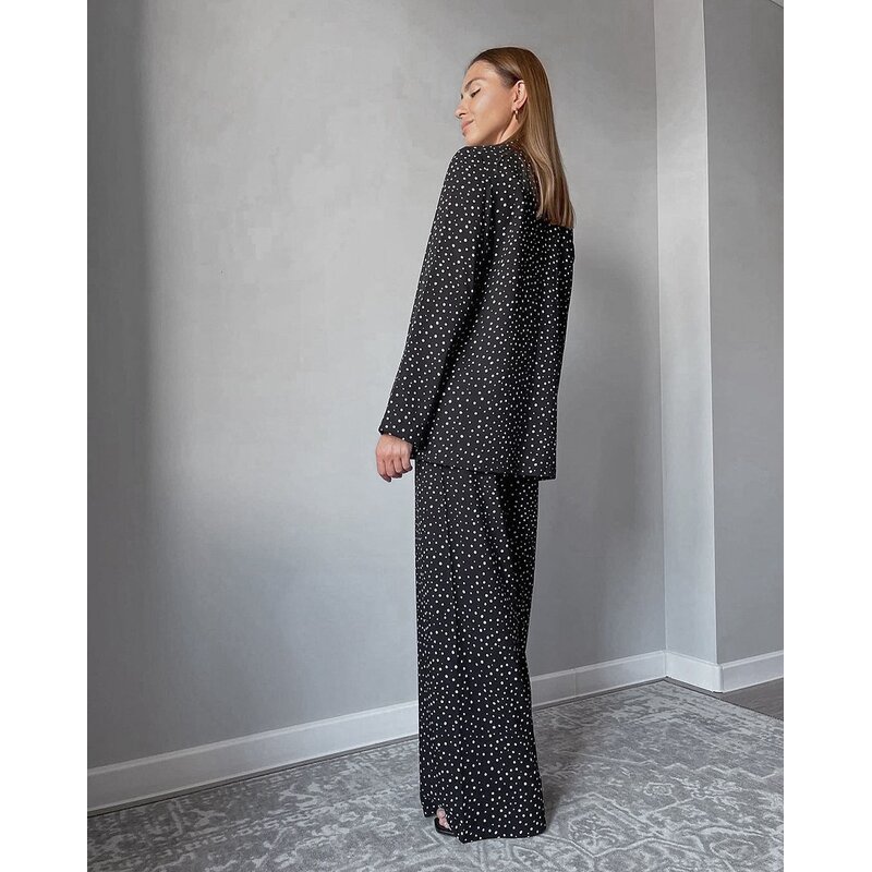 Pajamas Set Manufacturer - Long Sleeve Silk Satin Dot Print Loose