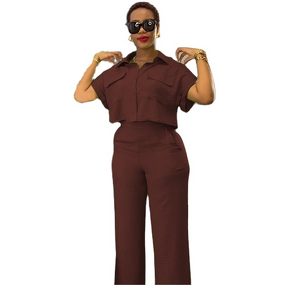 Women's Casual Suit Manufacturer - Lapel Short Sleeve Shirt & Wide Leg Pants