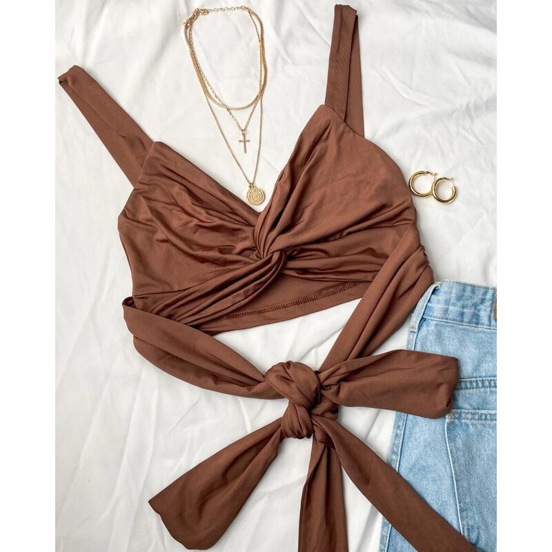 Camisole Vest Top Manufacturer - Twisted Elastic Tie Up V-Neck Open Back