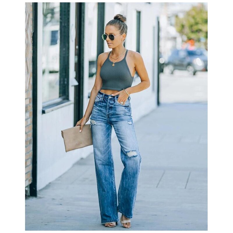 Denim Pants Manufacturer - Casual Wide Leg Mid Waist Washed Perforated