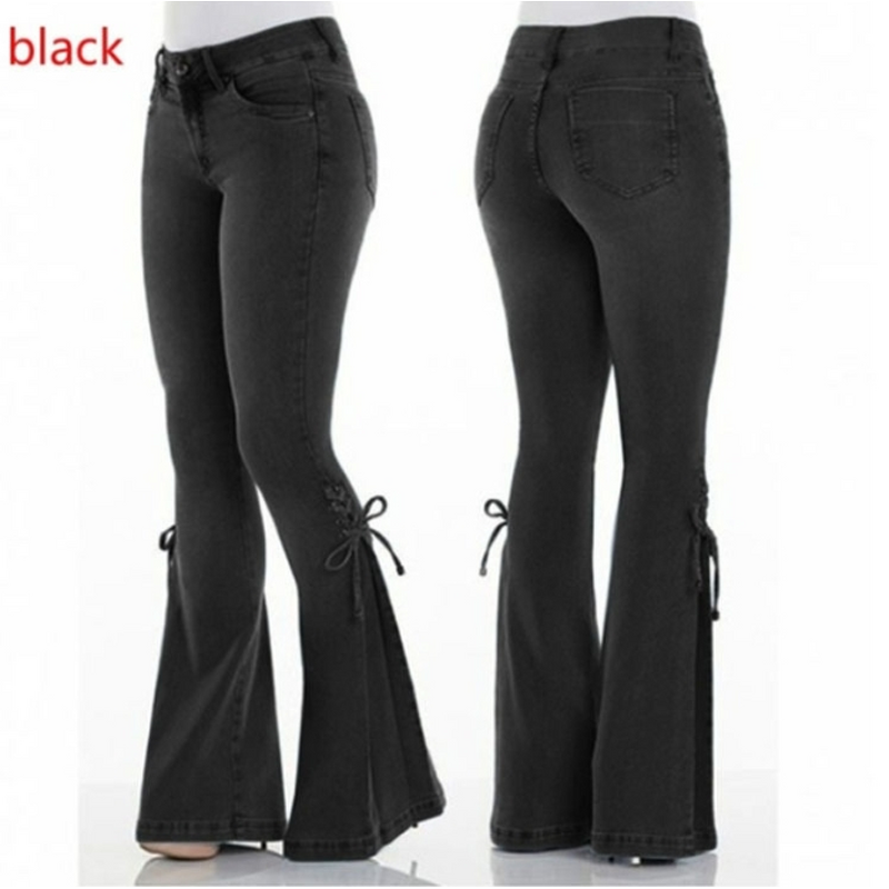 Denim Pants Manufacturer - Mid Rise Lace Up Elastic Flared