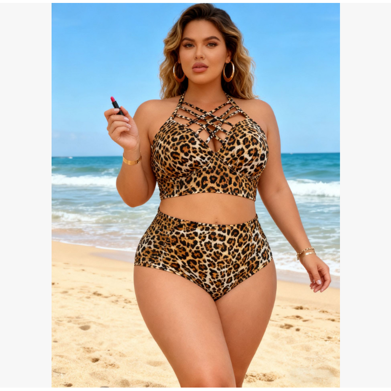 Bikini Set Manufacturer - Split Leopard Print Plus Size