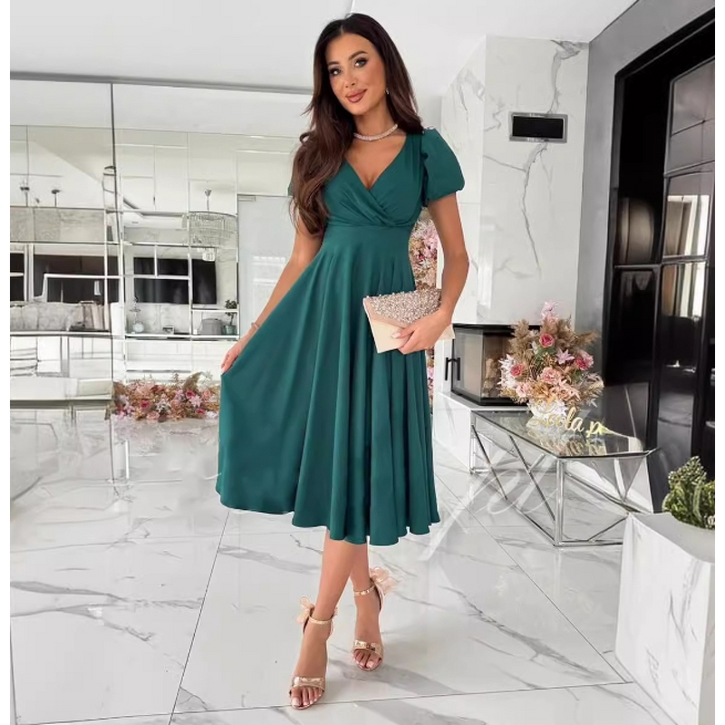 Dress Manufacturer - Deep V-Neck Waist Wrapped Bubble Sleeves Large Swing