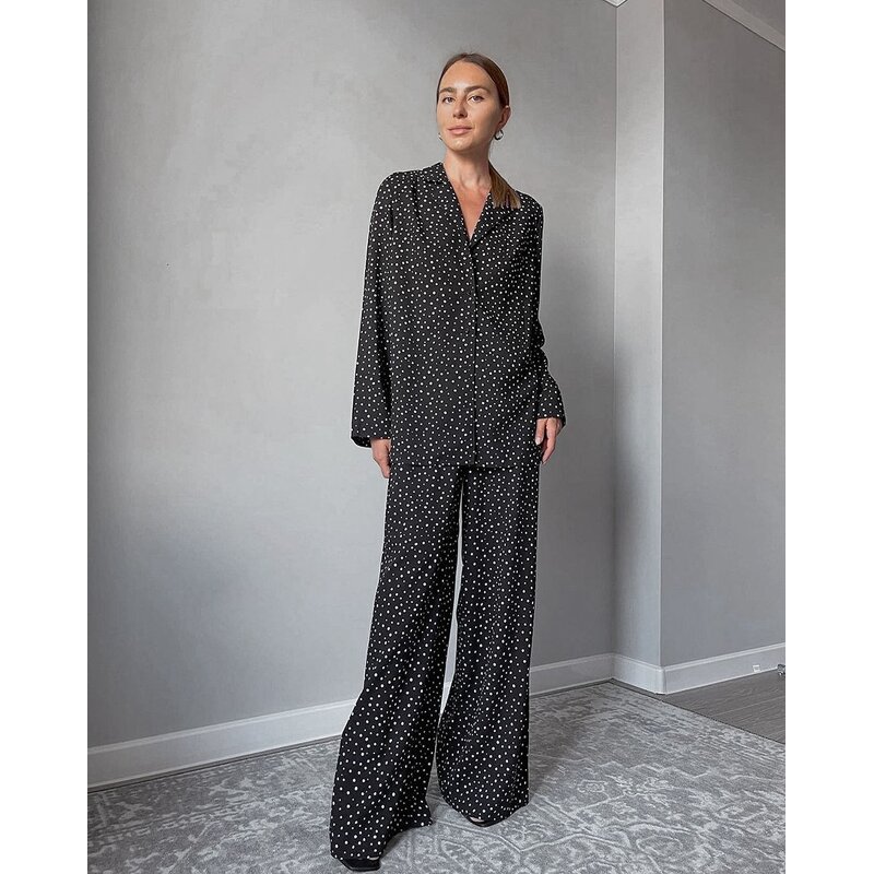 Pajamas Set Manufacturer - Long Sleeve Silk Satin Dot Print Loose