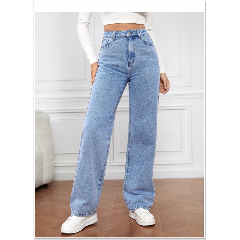 Jeans Manufacturer - Blue Straight Leg Loose Casual High Waist