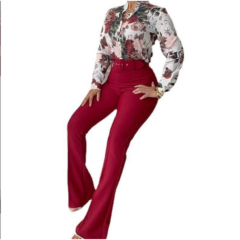 Women's Casual Suit Manufacturer - Printed Stand Collar Shirt & Wide Leg Pants