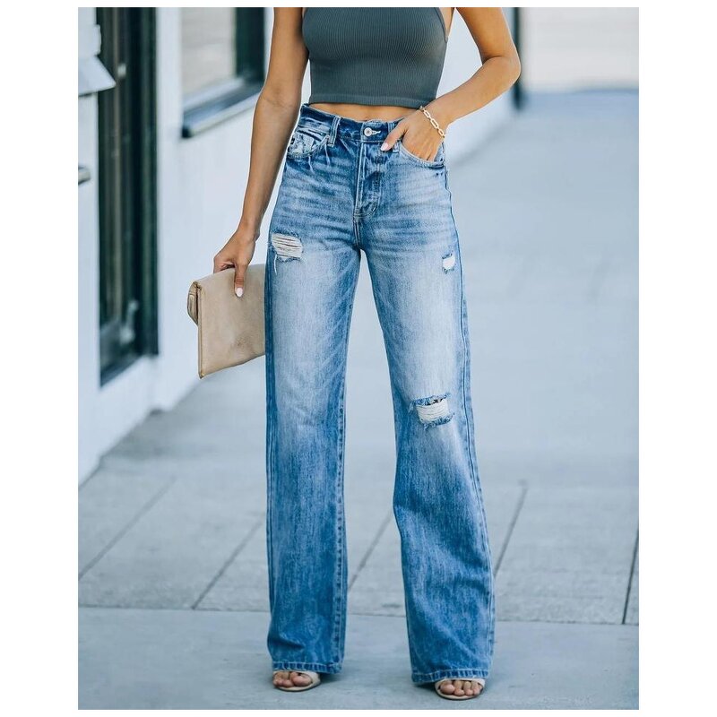 Denim Pants Manufacturer - Casual Wide Leg Mid Waist Washed Perforated