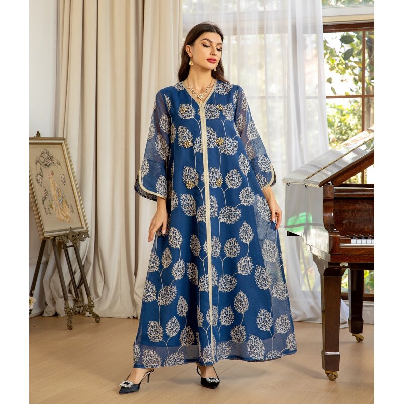 Muslim Party Dress Manufacturer - Elegant Mesh Embroidered for Autumn & Spring