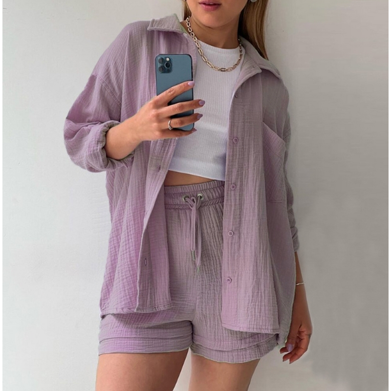 Women's Casual Set Manufacturer - Lapel Shirt & High Waist Drawstring Shorts