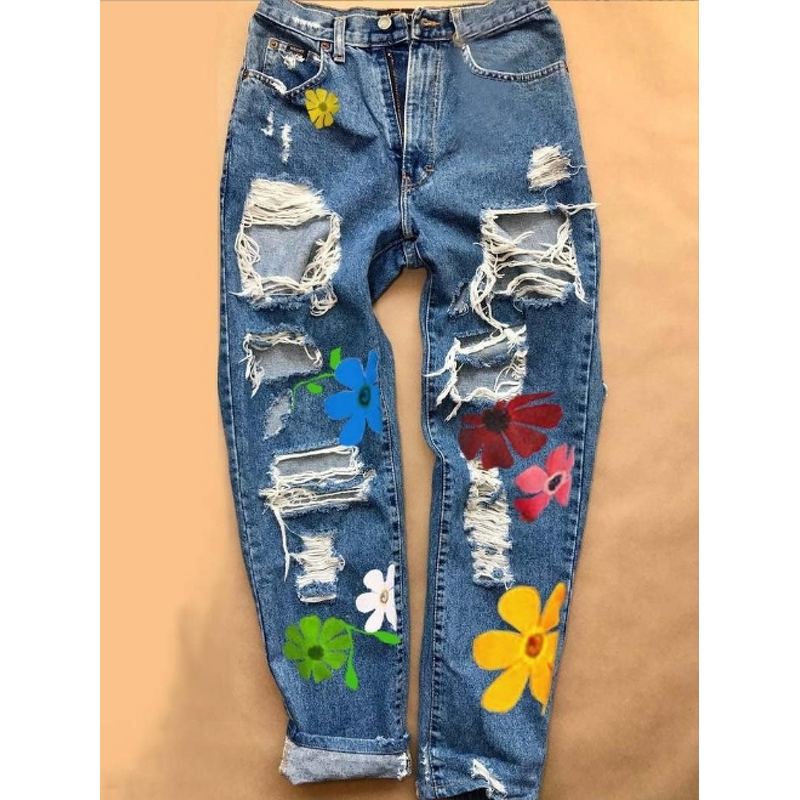 Jeans Manufacturer - Printed Distressed High Waist Straight Through