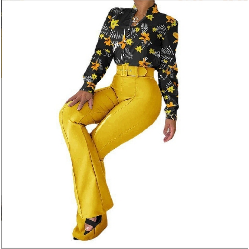 Women's Casual Suit Manufacturer - Printed Stand Collar Shirt & Wide Leg Pants