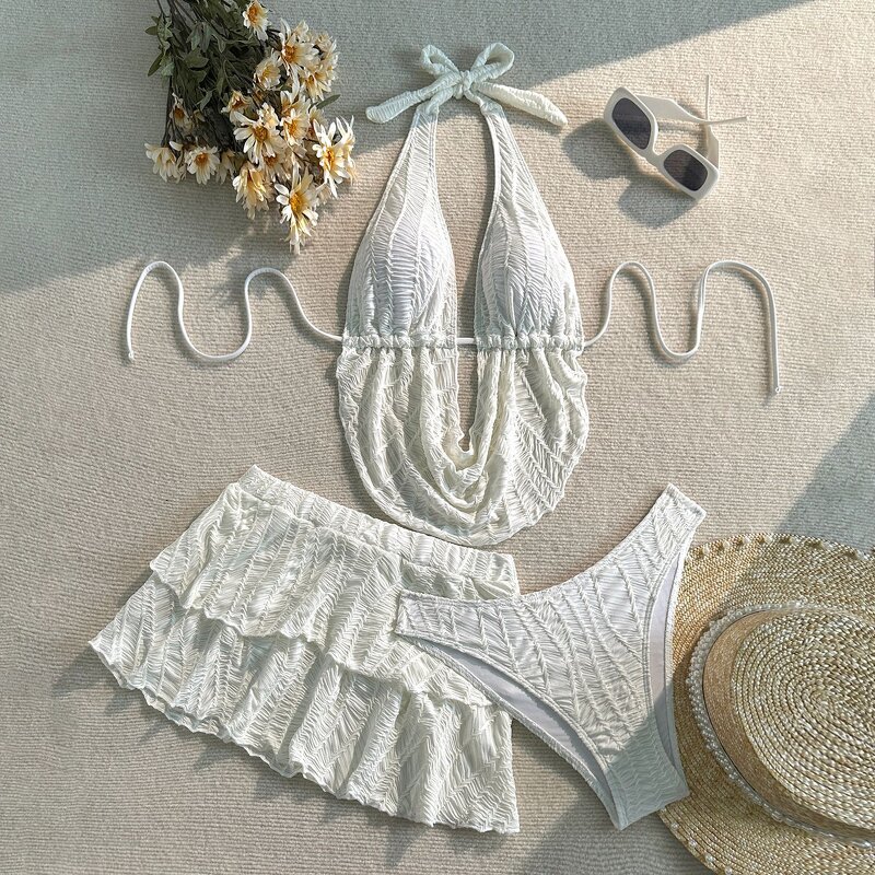 Bikini Set Manufacturer - Three Piece Solid Color Halterneck for Beach
