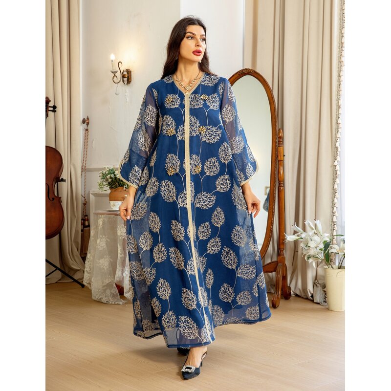 Muslim Party Dress Manufacturer - Elegant Mesh Embroidered for Autumn & Spring