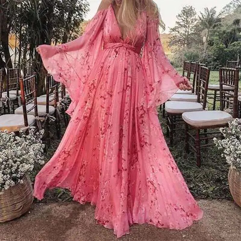 Dress Manufacturer - V-Neck Floral Pink Large Swing Plus Size
