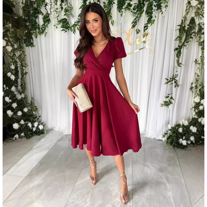 Dress Manufacturer - Deep V-Neck Waist Wrapped Bubble Sleeves Large Swing