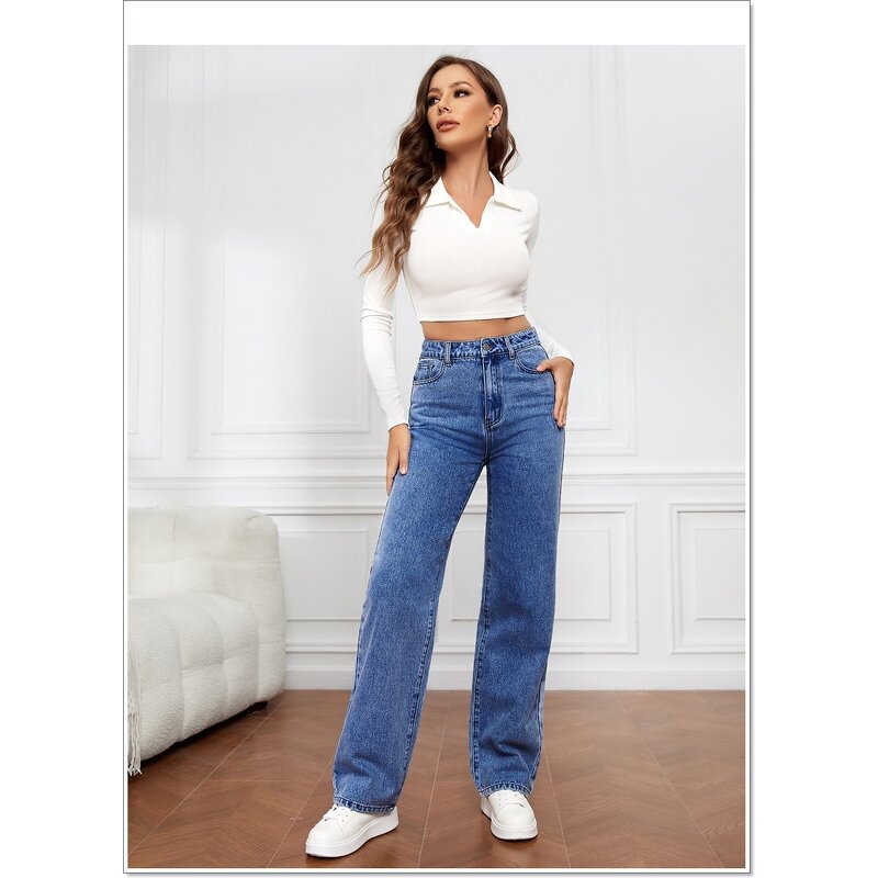 Jeans Manufacturer - Blue Straight Leg Loose Casual High Waist