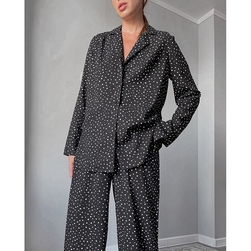 Pajamas Set Manufacturer - Long Sleeve Silk Satin Dot Print Loose