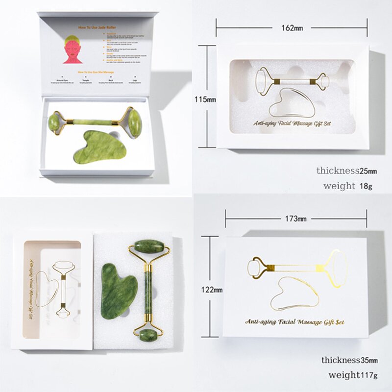 Jade Roller Gua Sha Set - Real Crystal Face Facial Massager with Box