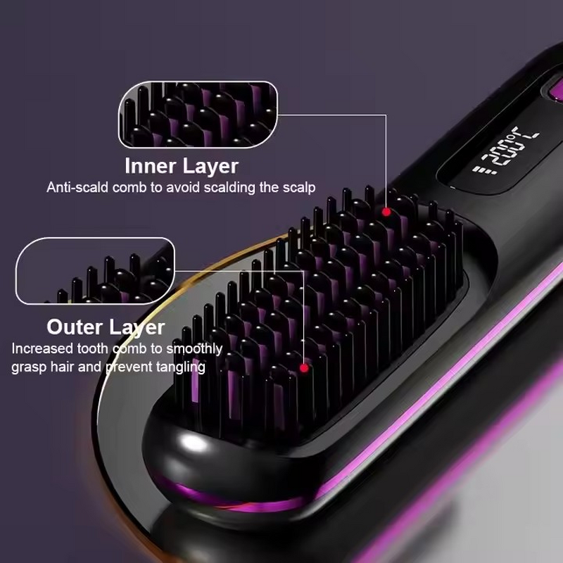 Hair Straightening Comb - Professional USB Rechargeable Cordless Detangling Brush