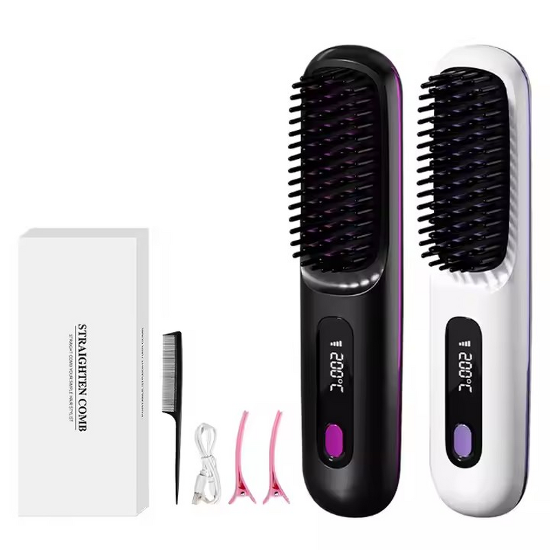 Hair Straightening Comb - Professional USB Rechargeable Cordless Detangling Brush