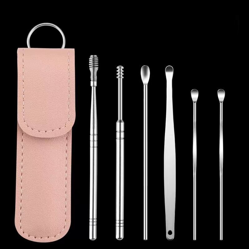 Ear Wax Pick Tools Set - Travelling Size Silver 6pcs Stainless Steel Cleanser