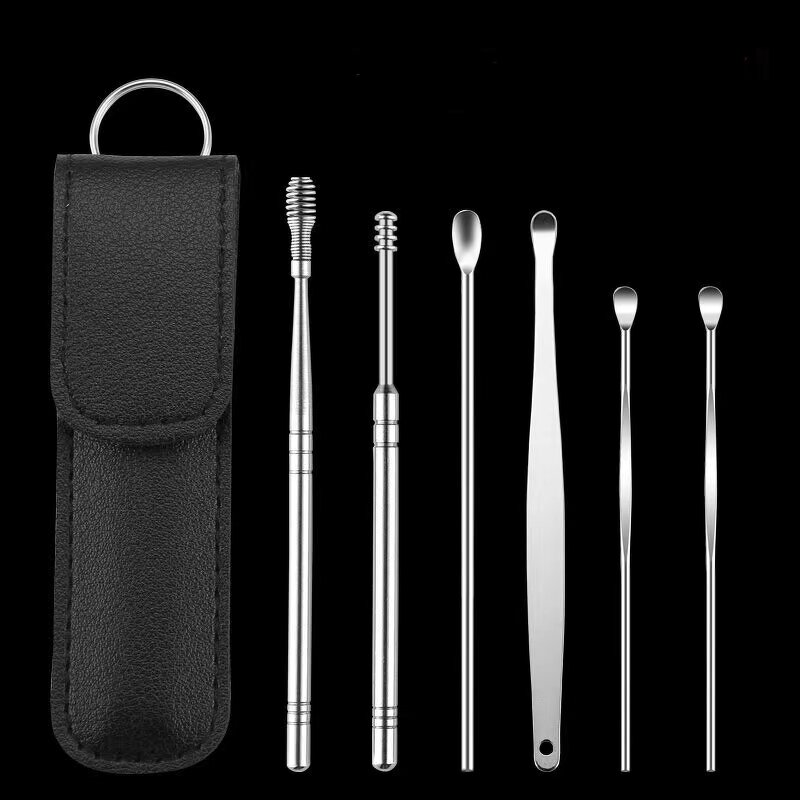 Ear Wax Pick Tools Set - Travelling Size Silver 6pcs Stainless Steel Cleanser