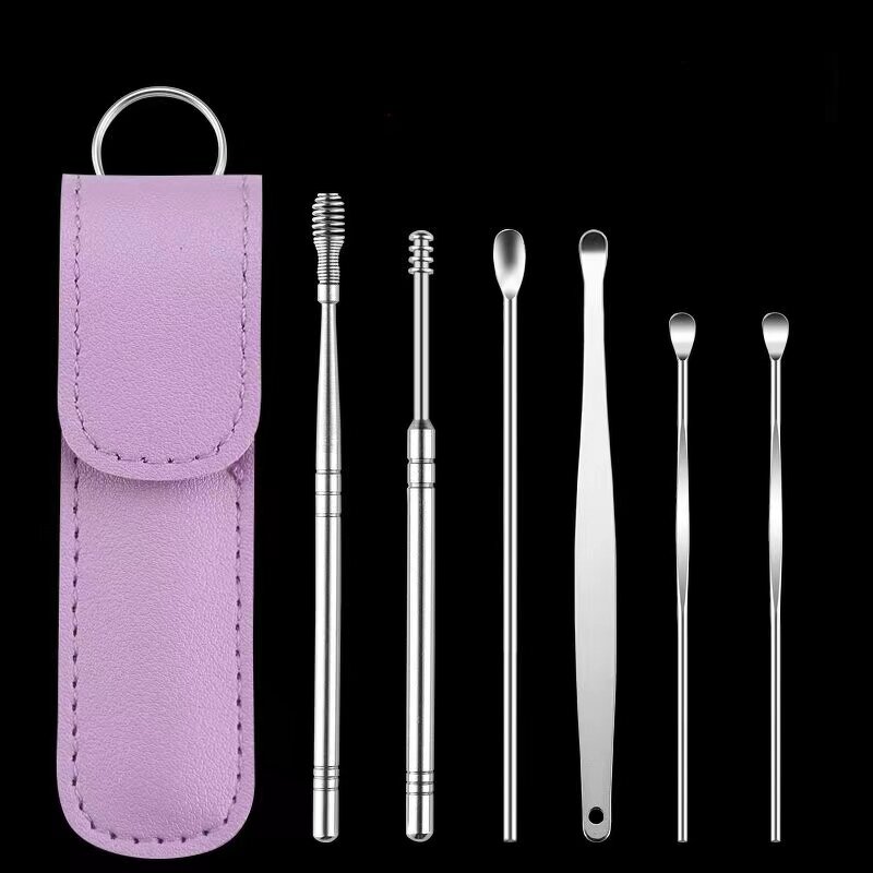 Ear Wax Pick Tools Set - Travelling Size Silver 6pcs Stainless Steel Cleanser
