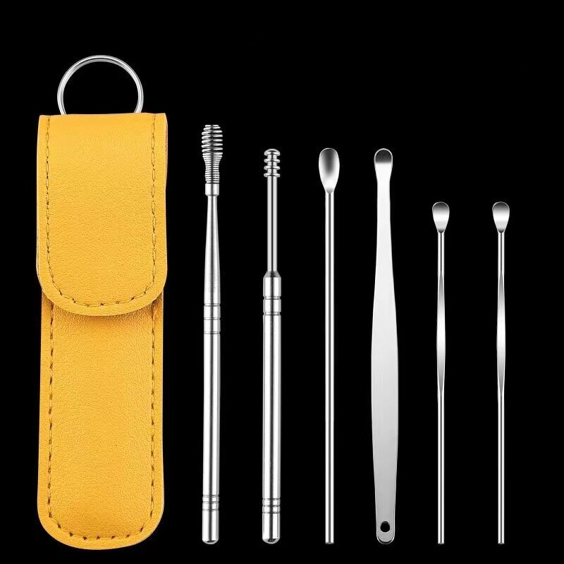 Ear Wax Pick Tools Set - Travelling Size Silver 6pcs Stainless Steel Cleanser