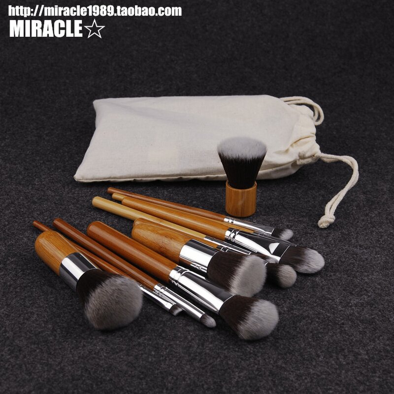 11pcs Bamboo Makeup Brushes - Natural Vegan Synthetic Hair with Cotton Pouch