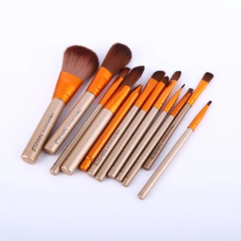 12 Pieces Makeup Brush Set - Portable Metal Box Wood Handle Original LOGO