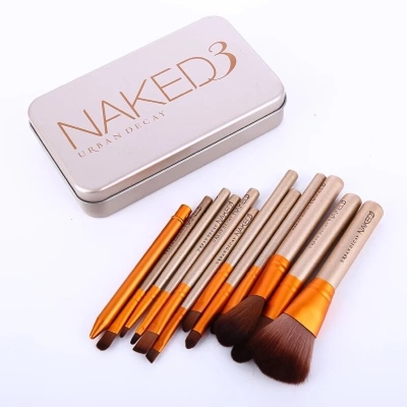 12 Pieces Makeup Brush Set - Portable Metal Box Wood Handle Original LOGO