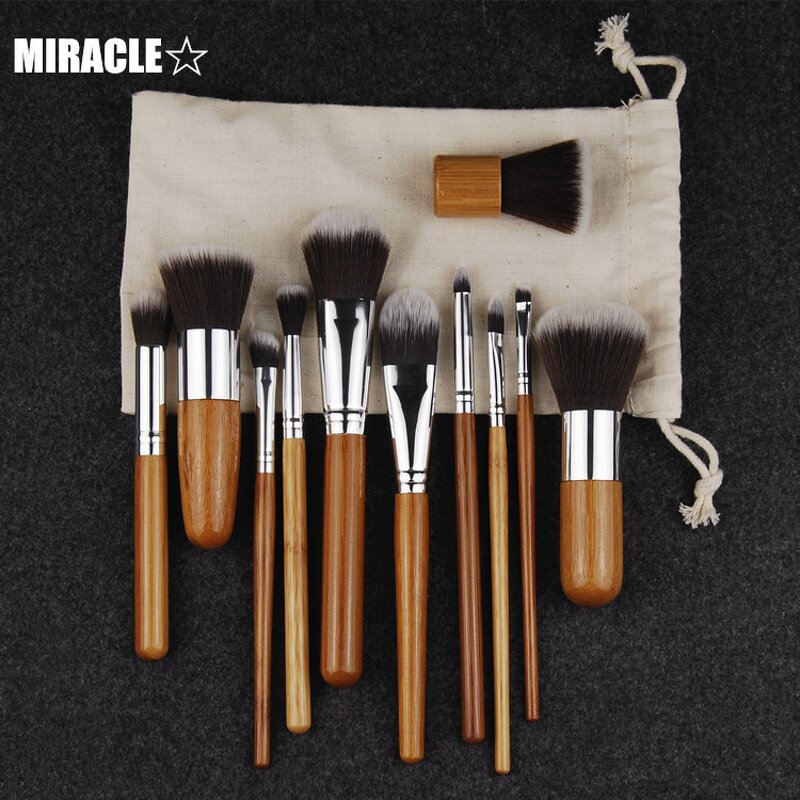 11pcs Bamboo Makeup Brushes - Natural Vegan Synthetic Hair with Cotton Pouch