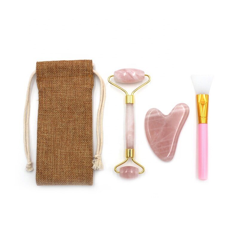 Rose Quartz Roller Gua Sha Set - Anti Aging Facial Kit Box and Pouch