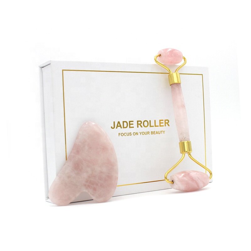 Rose Quartz Roller Gua Sha Set - Anti Aging Facial Kit Box and Pouch