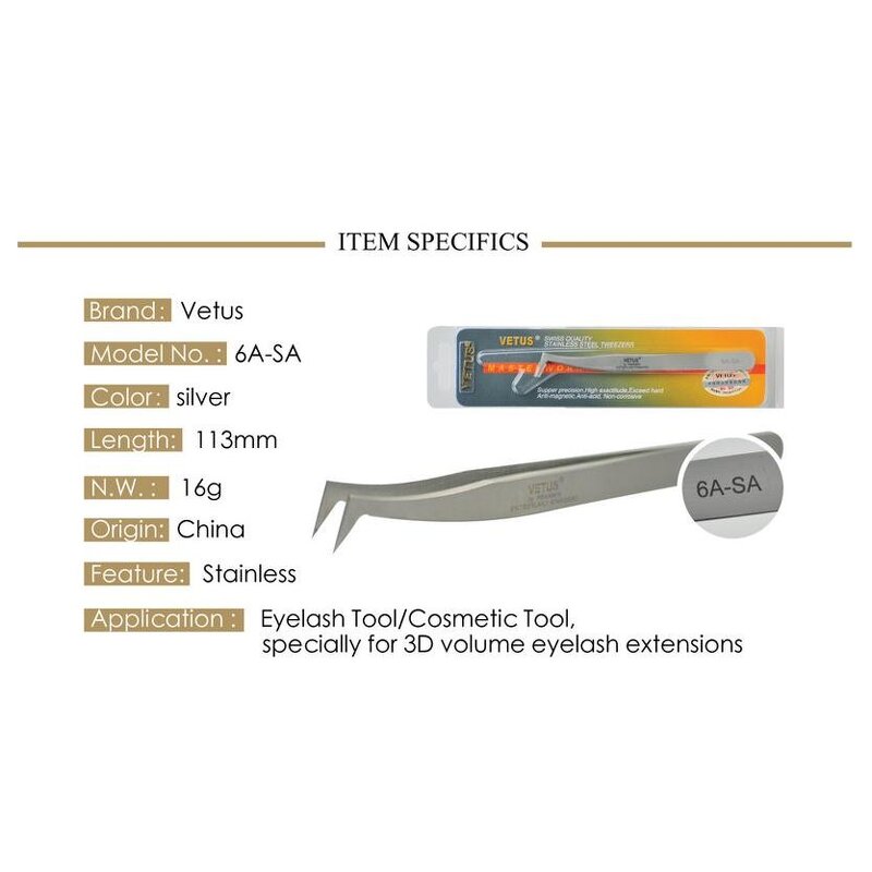 Eyelash Tweezers Manufacturer - VETUS 6A-SA Stainless Steel Anti-static 3D/6D
